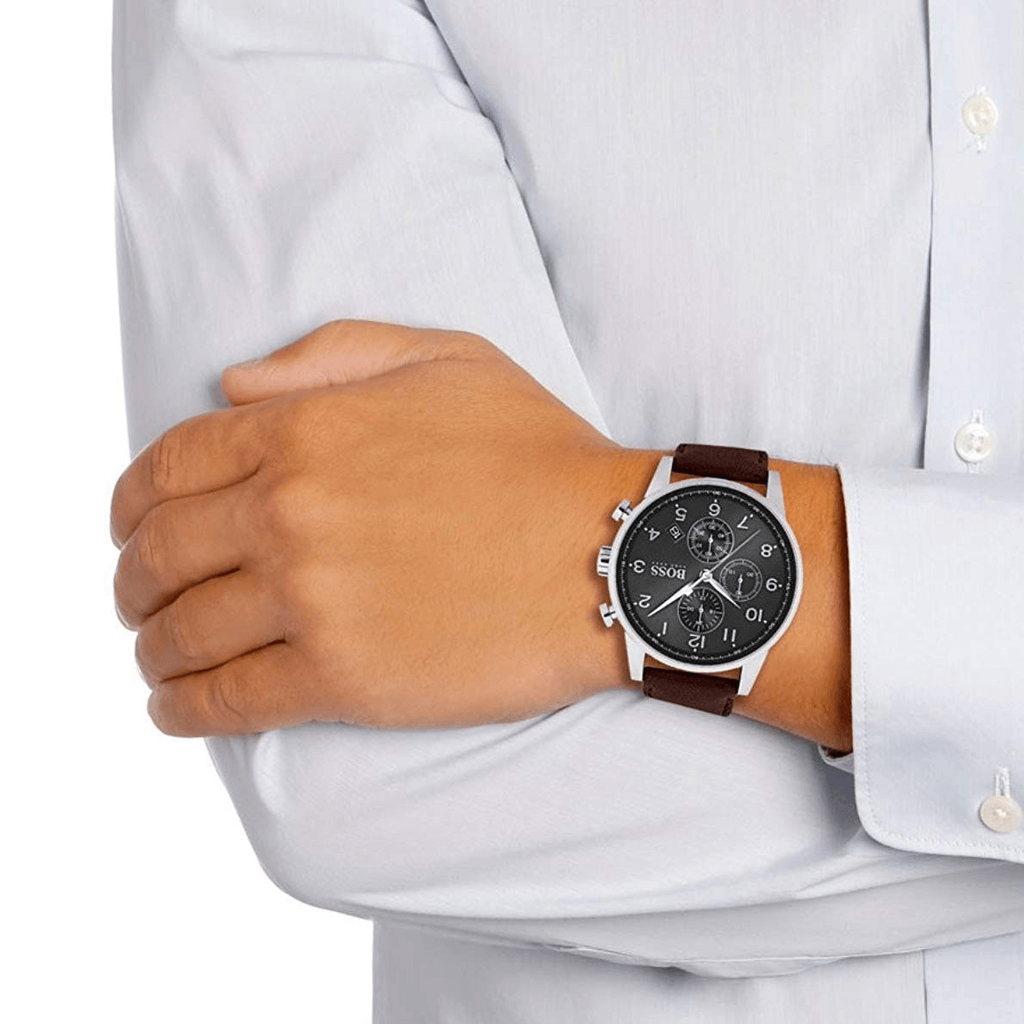 Hugo Boss Navigator Chronograph Grey Dial Brown Leather Strap Watch for Men - 1513494