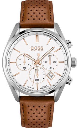 Hugo Boss Champion Chronograph White Dial Brown Leather Strap Watch for Men - 1513879
