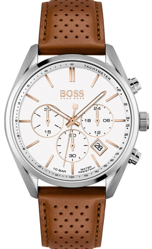 Hugo Boss Champion Chronograph White Dial Brown Leather Strap Watch for Men - 1513879
