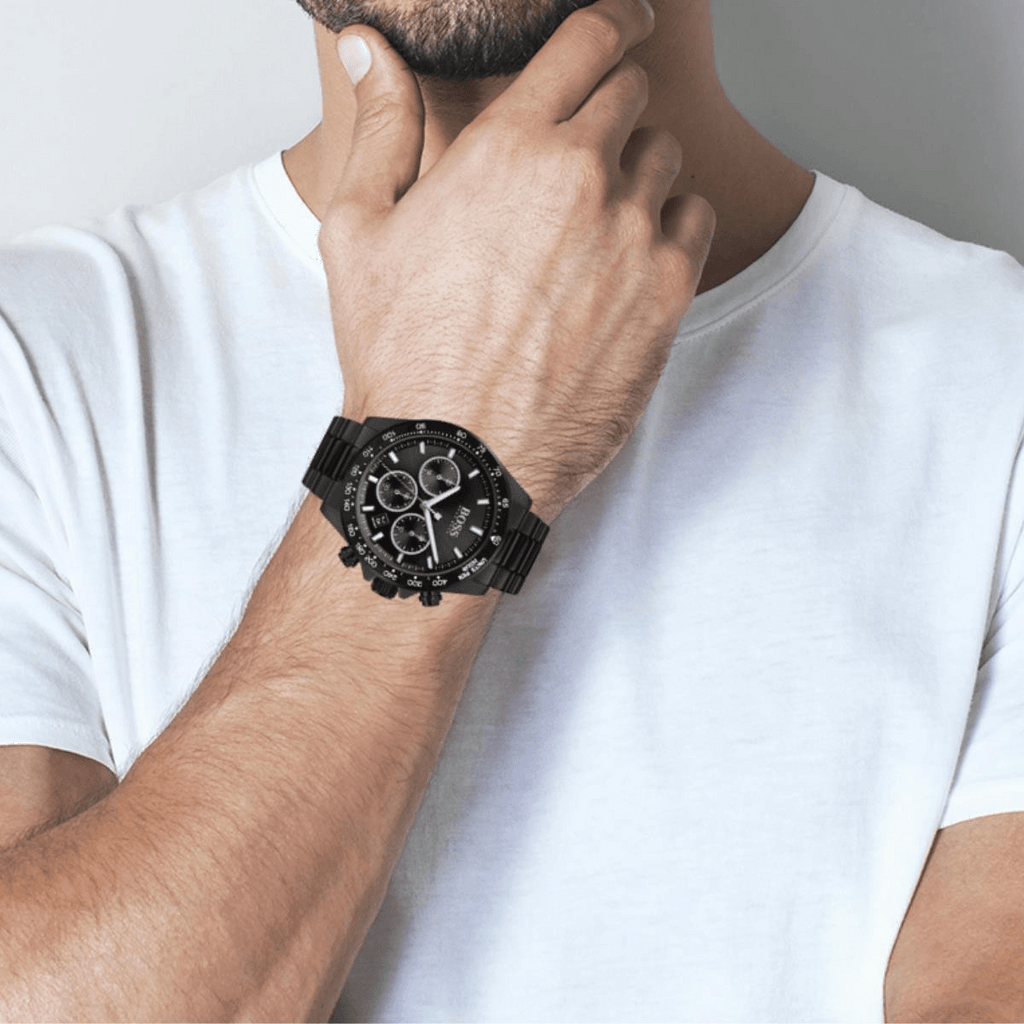 Hugo Boss Hero Chronograph Black Dial Black Steel Strap Watch for Men - 1513754