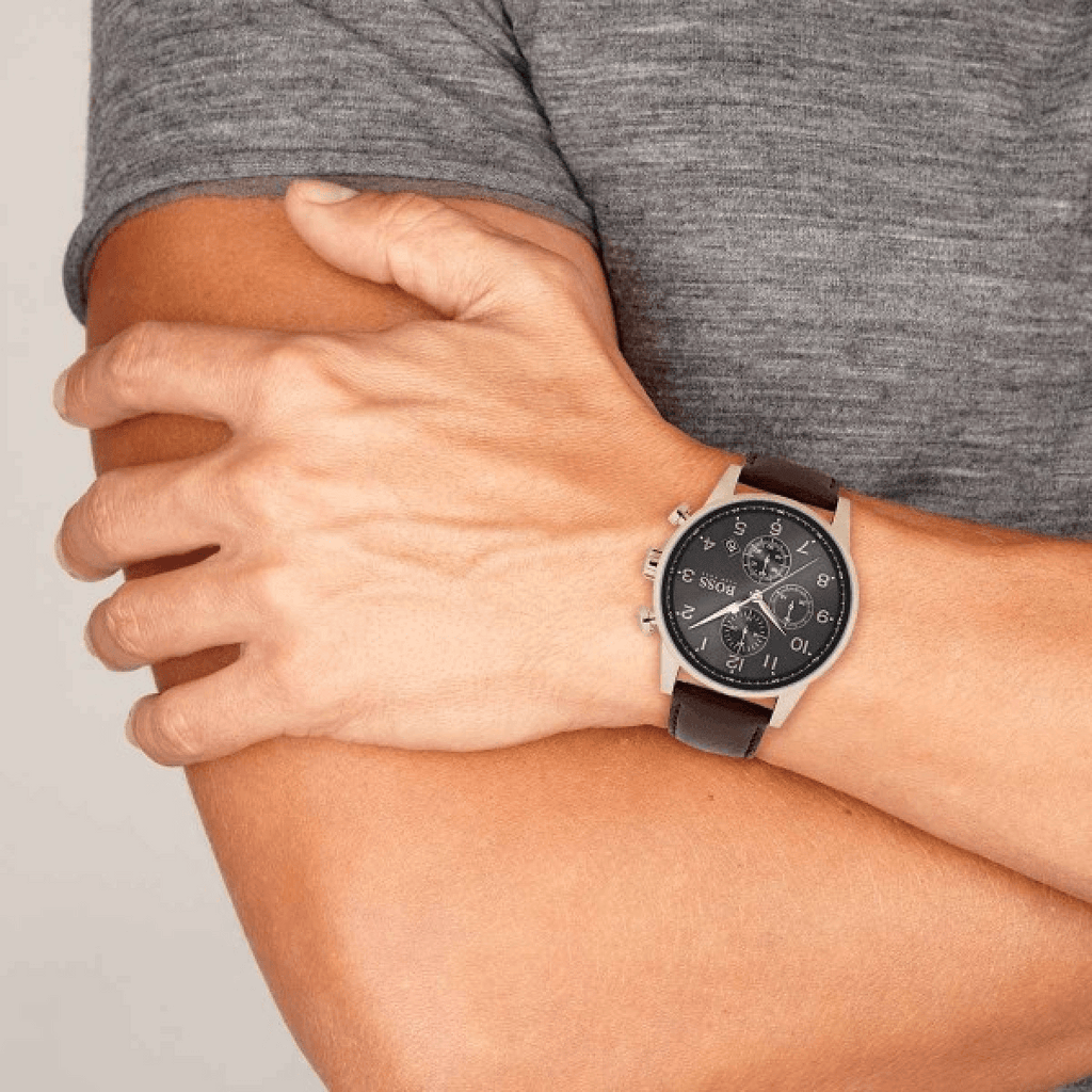 Hugo Boss Navigator Chronograph Grey Dial Brown Leather Strap Watch for Men - 1513496
