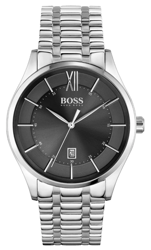 Hugo Boss Officer Black Dial Silver Steel Strap Watch for Men - 1513614