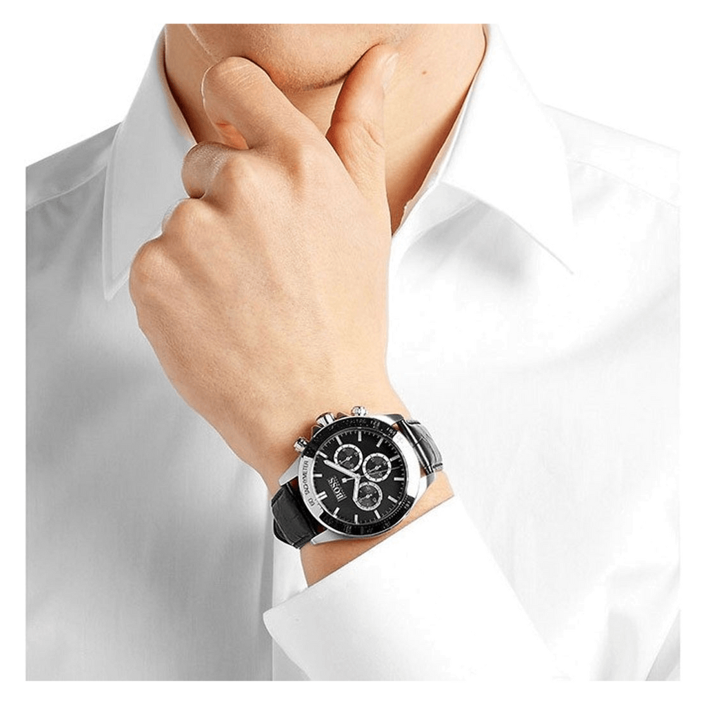 Hugo Boss Ikon Chronograph Black Dial Black Leather Strap Watch for Men - 1513178