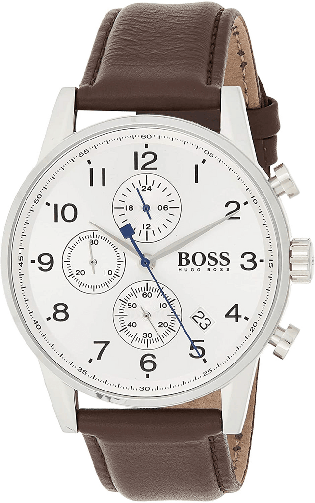 Hugo Boss Navigator Chronograph White Dial Brown Leather Strap Watch for Men - 1513495
