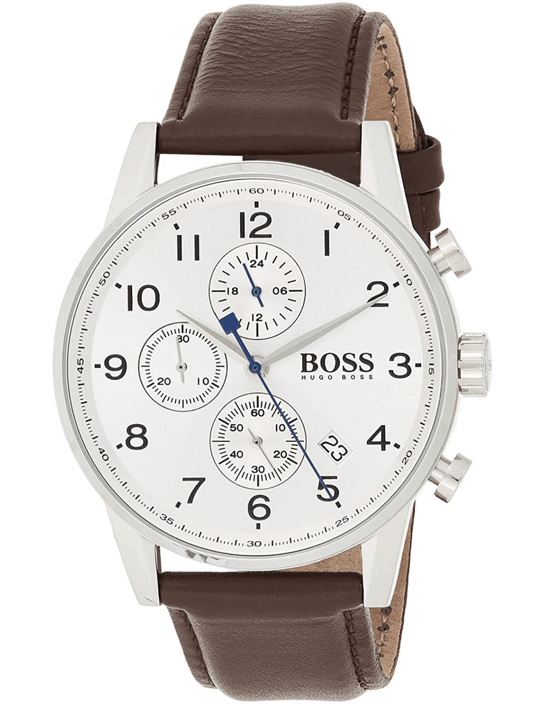 Hugo Boss Navigator Chronograph White Dial Brown Leather Strap Watch for Men - 1513495