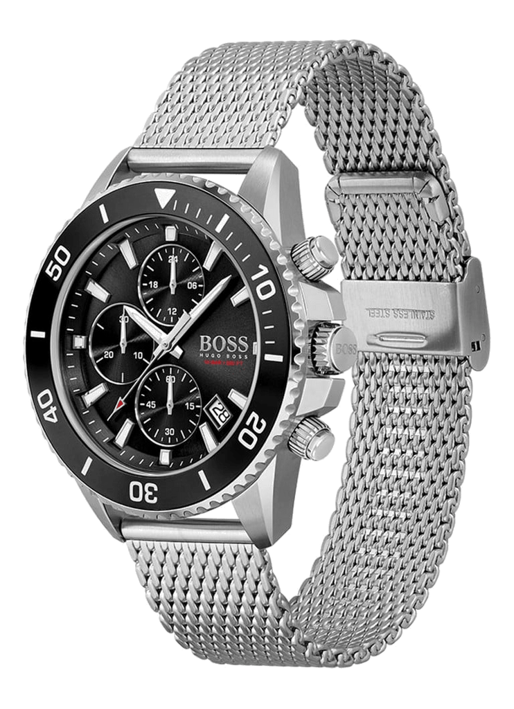 Hugo Boss Ocean Edition Chronograph Black Dial Silver Mesh Bracelet Watch for Men - 1513701