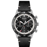 Hugo Boss Globetrotter Chronograph Black Dial Black Leather Strap Watch for Men - 1513864