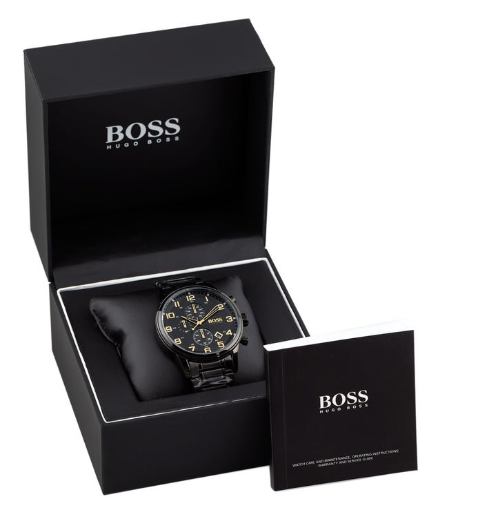 Hugo Boss Aeroliner Chronograph Black Dial Black Steel Strap Watch for Men - 1513275
