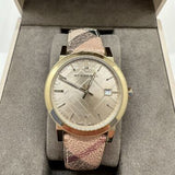 Burberry The City Gold Dial Haymarket Brown Leather Strap Watch for Women - BU9026