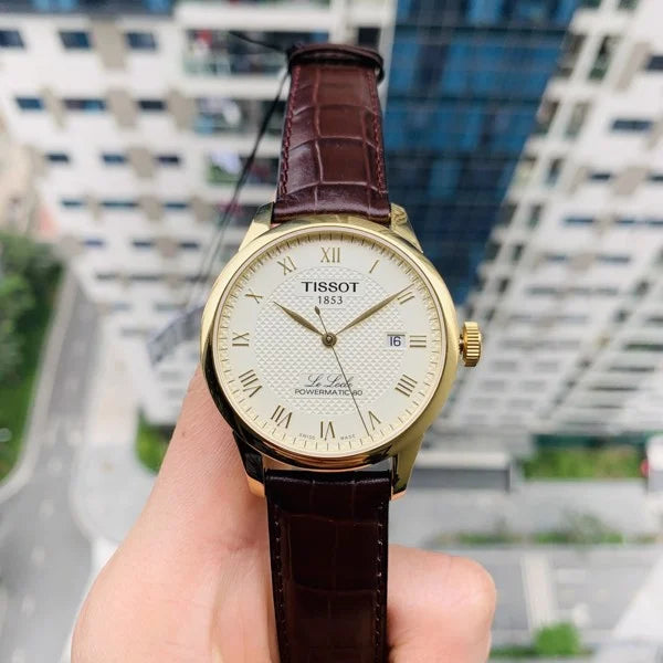 Tissot Le Locle Powermatic 80 Gold Dial Brown Leather Strap Watch For Men - T006.407.36.263.00